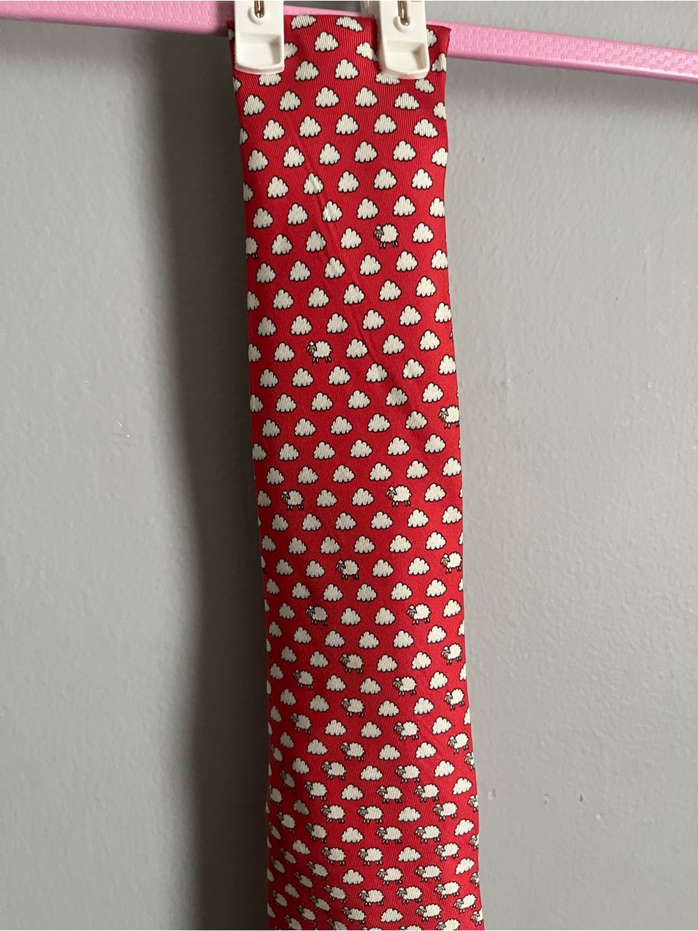 Hermes red silk tie with sheep design made in France
